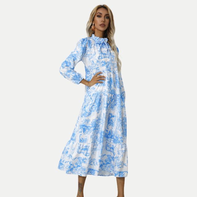 Adriana - Midi-jurk met toile-print en hoge kraag