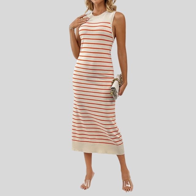 Ariana - Chique gestreepte midi-jurk met contrasterende zoom