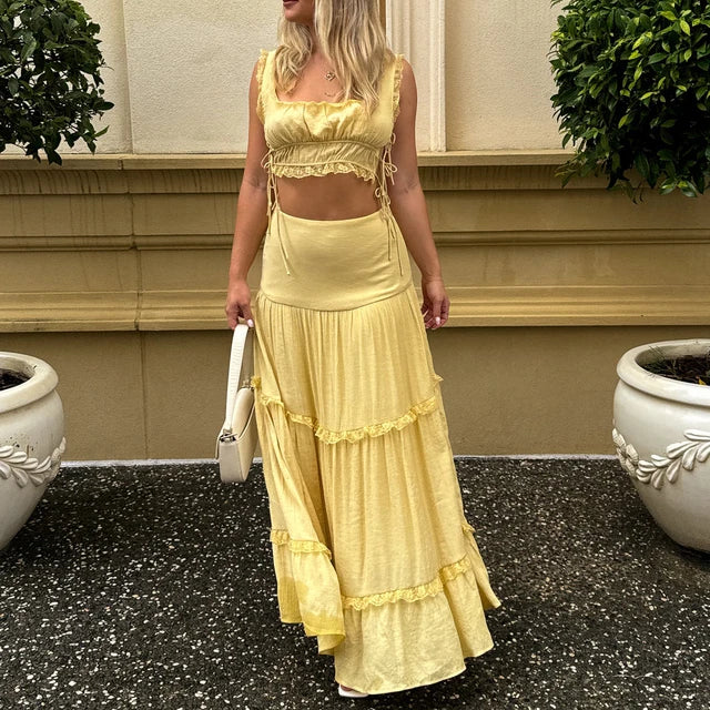 Bianca - Boheemse tweedelige jurk met ruches en crop top